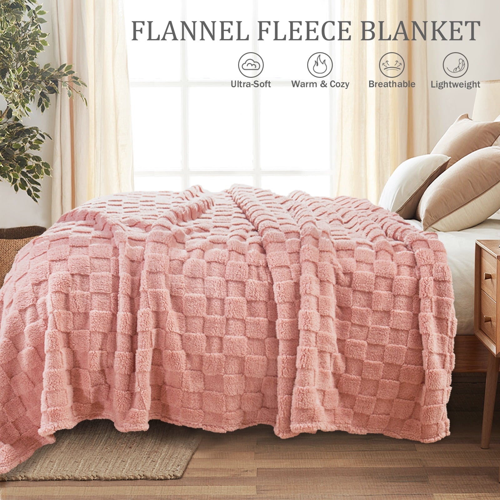 Lightweight Warm Fleece Throw Blanket for Couch, Super Soft Warm Lightweight Checkered Pattern Blanket for All Seasons, Pink, 50"x60" - Cozy Fleece Throw Blanket for Couch & Bed Detail