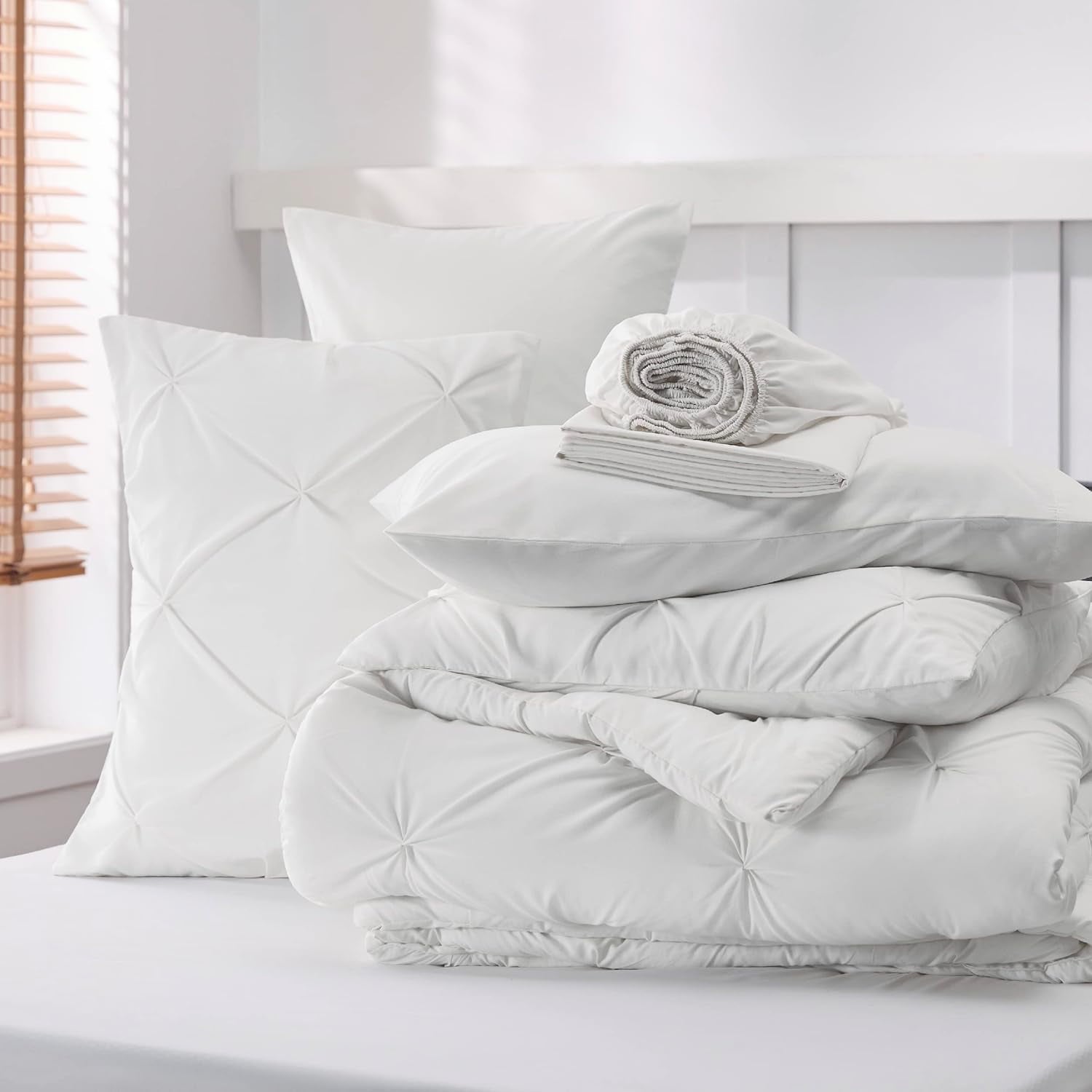 All-Season White Queen Comforter Set- 7 Pieces Pintuck Bedding Set with Comforters, Sheets, Pillowcases & Shams - Luxurious Quilted Duvet Cover Set Detail