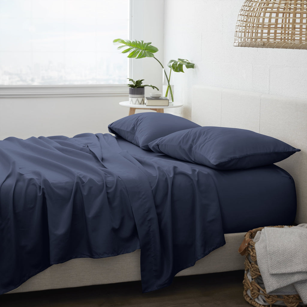 Breathable Luxury 4 Piece Solid Microfiber Bed Sheet Set, Navy, Queen - Luxury Bed Sheet Set with Deep Pockets Detail