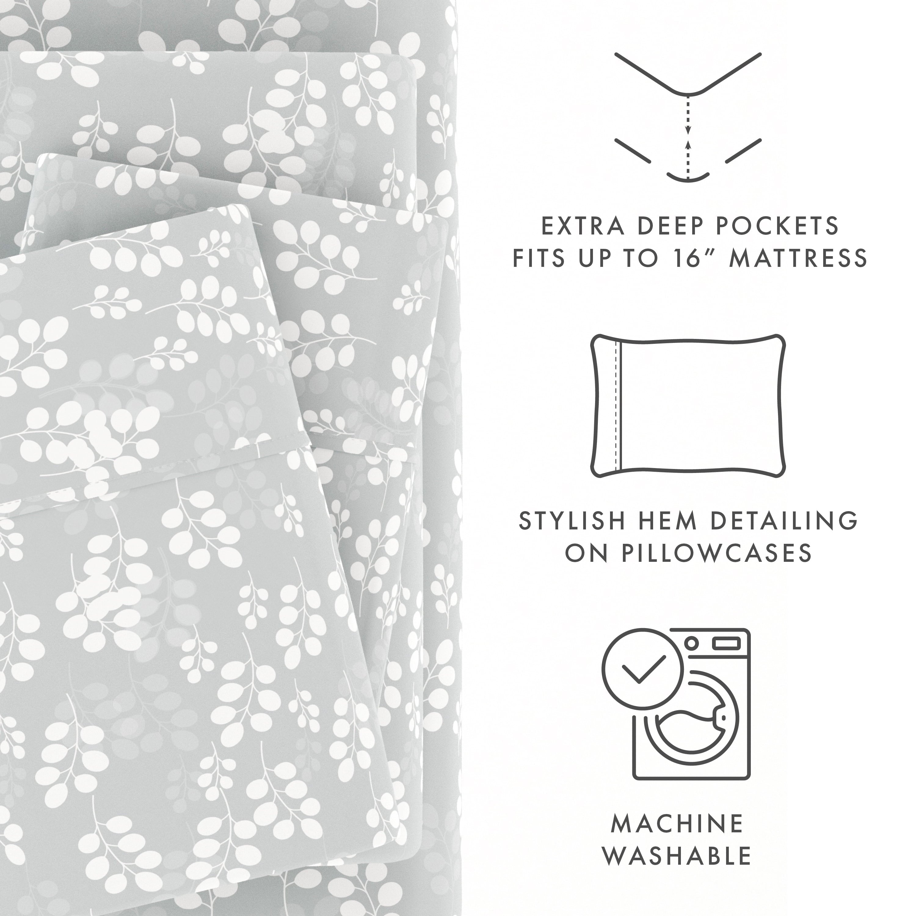Wrinkle-Resistant 4 Piece Pattern Microfiber Bed Sheets Set, Gray Wheat, Full - Cooling Hotel Quality Bedding Sheets and Pillowcases Detail
