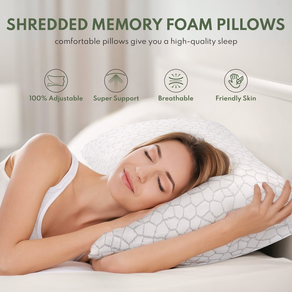 Ergonomic Memory Foam Cooling Memory Foam Queen Pillows for bed 2 Pack,Adjustable Support & Heat Dissipation Tech for Side,Back,Stomach & H... - Hotel Quality Plush Sleeping Pillows Detail