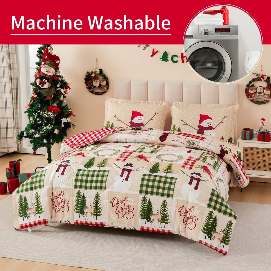 Luxurious Quilted 3 Pcs Christmas Comforter Set, Bed in a Bag Wreath Snowman Queen/Full Size Xmas Bedding Set Fitted Pillowcases for Adult - Hypoallergenic Ultra-Fluffy Quilt for Winter Detail