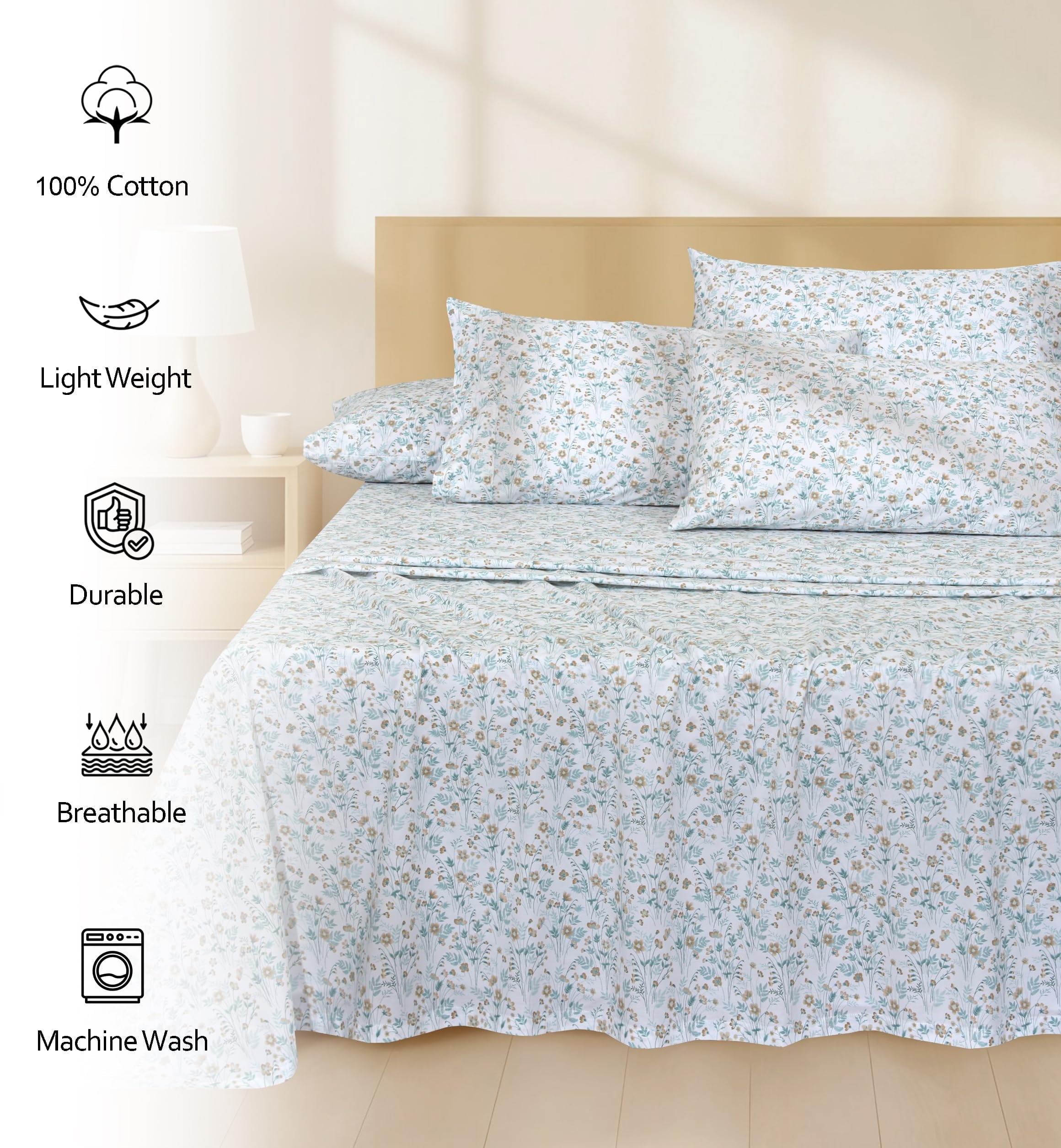 Wrinkle-Resistant 6 Pcs Cotton Sheets - 100% Natural Cotton Soft, Lightweight & Breathable Crispy Percale Bed Sheets, King Size Sheets ... - Luxury Bed Sheet Set with Deep Pockets Detail