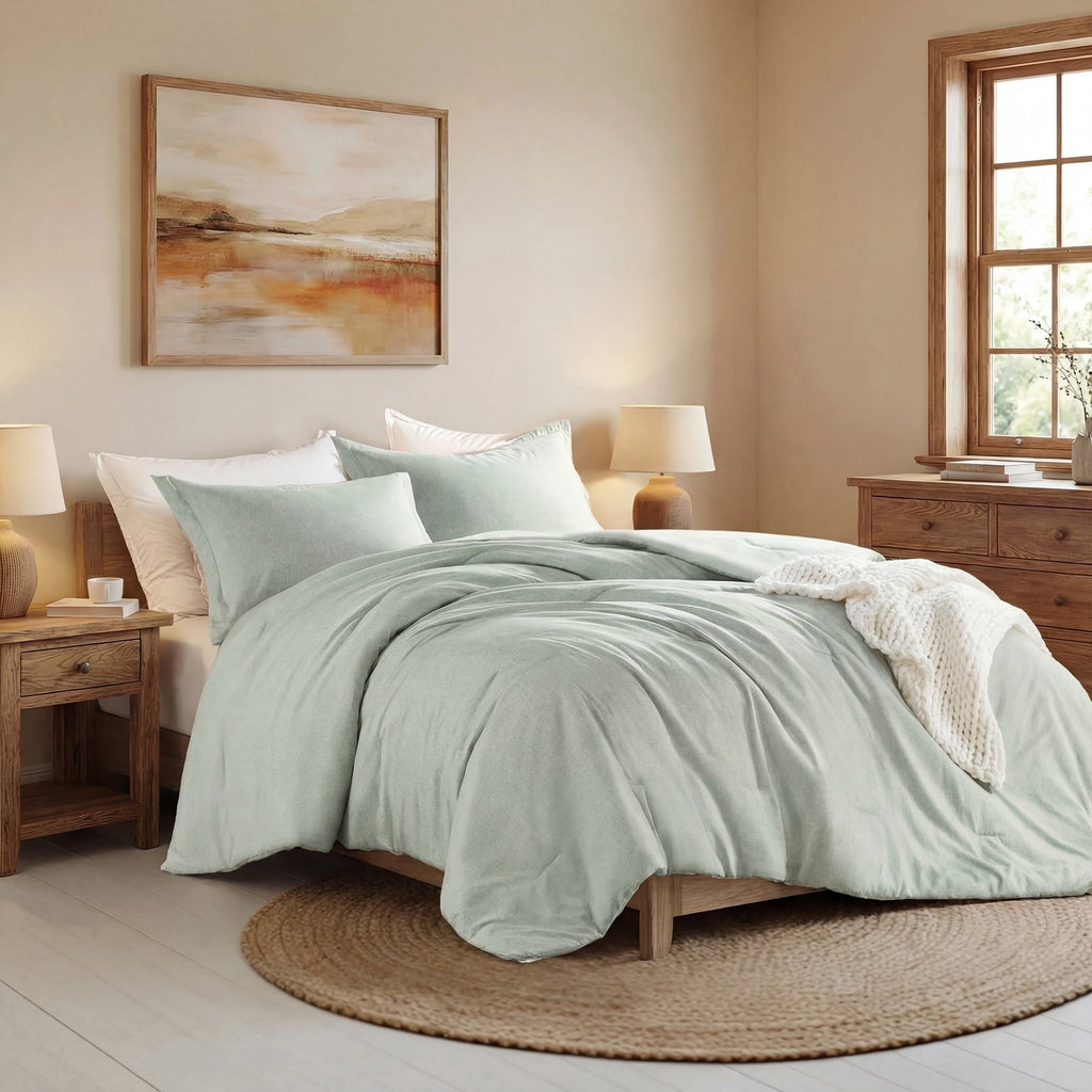 Hypoallergenic Cloud Full/Queen Comforter Sets, Reversible 3 Piece Extra Soft Bedding Set, Chambray Print Sage Green Comforter Bed Set wit... - All-Season Down Alternative Comforter Insert Detail