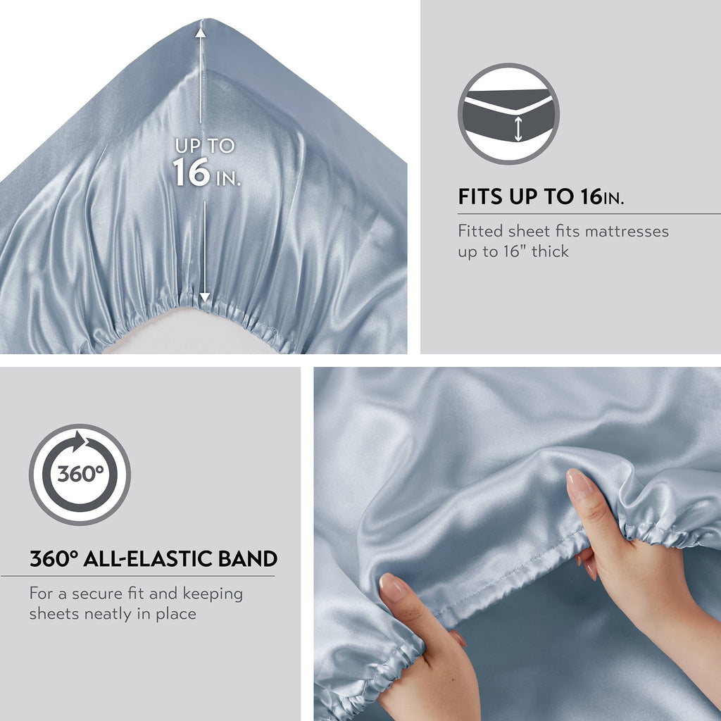 Breathable Luxury Satin Sheet Set, Twin Bed Sheets with Pillowcases, 4-Piece Luxury Silky Sheet Set, Blue, Gifts for Women - Breathable Egyptian Cotton Flat & Fitted Sheets Detail