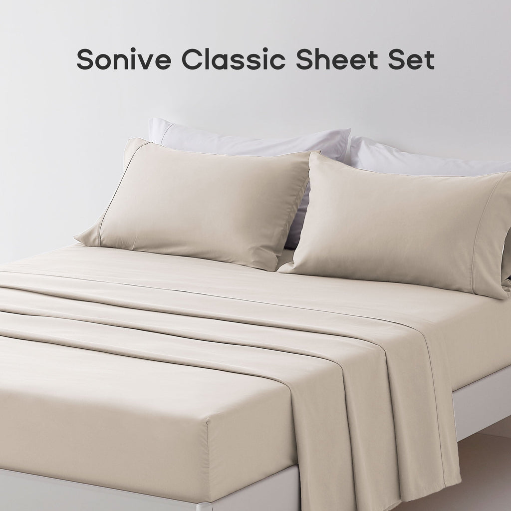 Cooling Sateen Bed Sheet Sets,Ultra Soft Breathable Luxury 4 Piece, (Beige, Queen) - Breathable Egyptian Cotton Flat & Fitted Sheets Detail