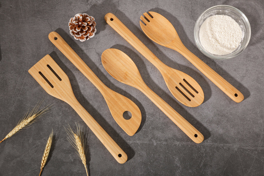 Non-Stick Safe 5pk Bamboo Spoons for Cooking, Kitchen Essential Tools Set - Durable Turner & Ladle Utensil Set for Home Chefs Detail