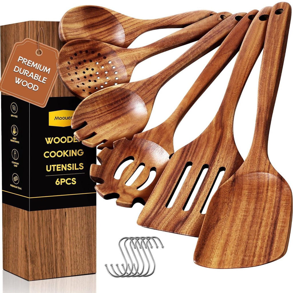 Non-Stick Safe 6-Piece Natural Teak Wooden Spoons for Cooking With 10 Hooks，Handcrafted Kitchen Utensils Set ，Ideal Gift Set - Heat-Resistant Silicone Cooking Spatula Turner - Default Title