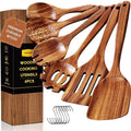 Non-Stick Safe 6-Piece Natural Teak Wooden Spoons for Cooking With 10 Hooks，Handcrafted Kitchen Utensils Set ，Ideal Gift Set - Heat-Resistant Silicone Cooking Spatula Turner - Default Title