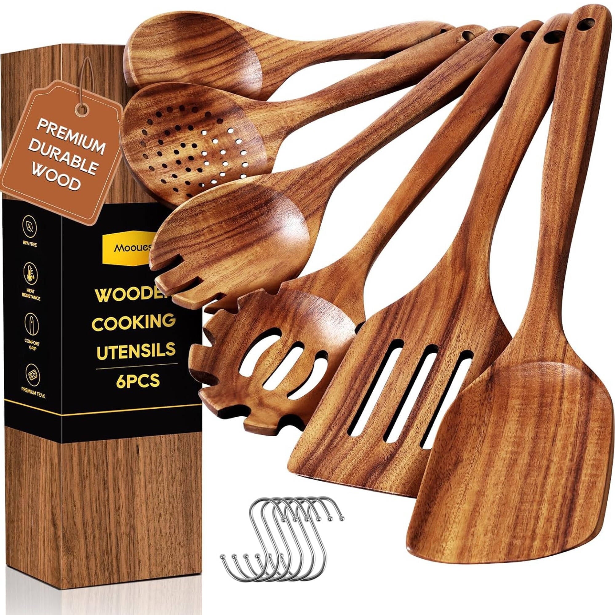Non-Stick Safe 6-Piece Natural Teak Wooden Spoons for Cooking With 10 Hooks，Handcrafted Kitchen Utensils Set ，Ideal Gift Set - Heat-Resistant Silicone Cooking Spatula Turner - Default Title