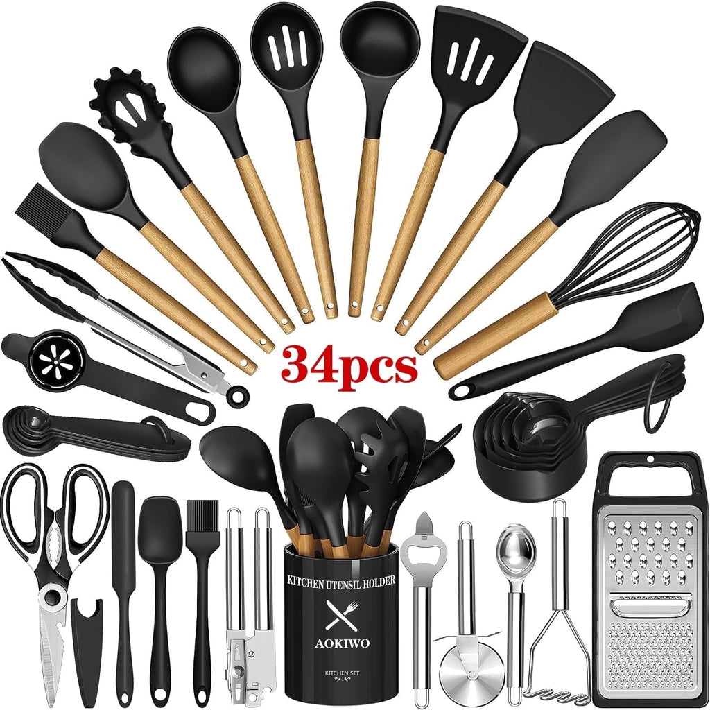 Heavy Duty Kitchen Utensil Set, 34Pieces Silicone Cooking Utensil Set with Wooden Handle, Heat Resistant Spatula Set Gadg... - Multi-Purpose Hand Tool for Daily Meal Prep - Default Title