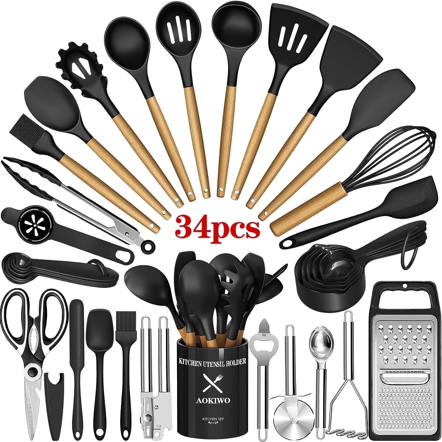 Heavy Duty Kitchen Utensil Set, 34Pieces Silicone Cooking Utensil Set with Wooden Handle, Heat Resistant Spatula Set Gadg... - Multi-Purpose Hand Tool for Daily Meal Prep - Default Title