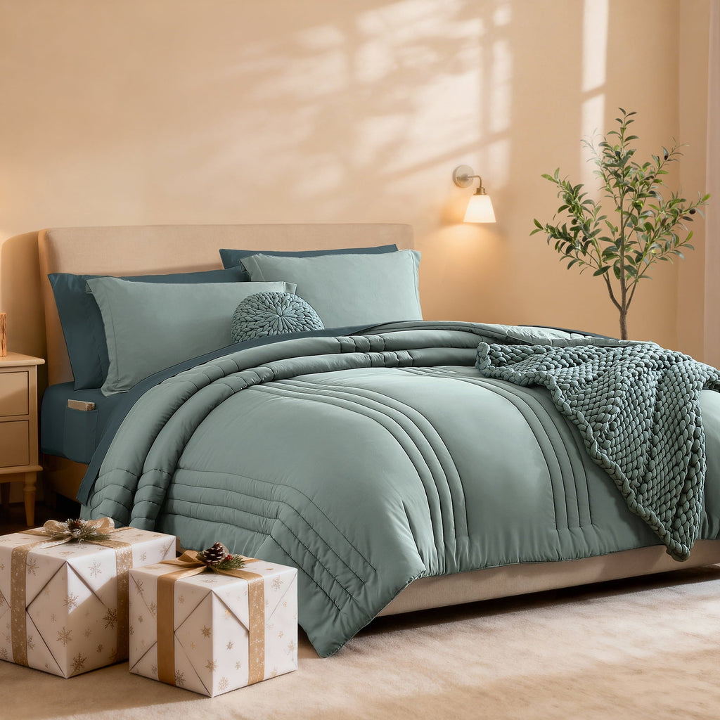 Luxurious Quilted 7-piece Bed in a Bag Comforter Set with Sheets,Sage Green,Full - Hypoallergenic Ultra-Fluffy Quilt for Winter - Default Title