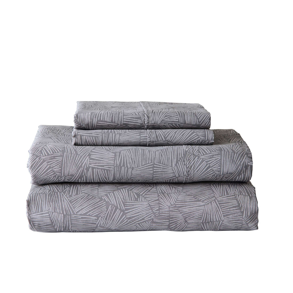 Cooling Sateen 300 Thread Count 4-Piece Cotton Percale Ziggy Geo Print Grey Bed Sheet Set, King - Breathable Egyptian Cotton Flat & Fitted Sheets - Default Title