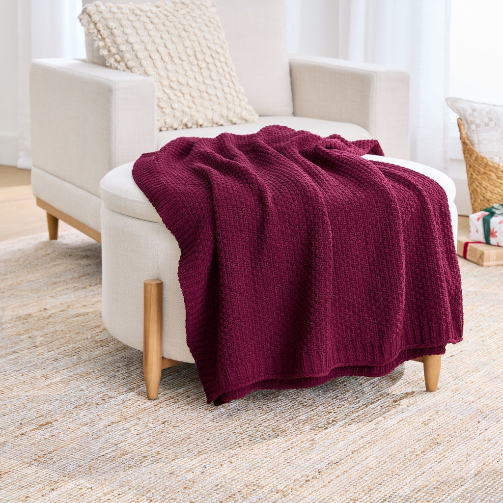 Lightweight Warm Chenille Knit Super Soft Oversized Throw Blanket, Merlot Wine - Luxury Knitted Decorative Throw Blanket with Fringes - Default Title