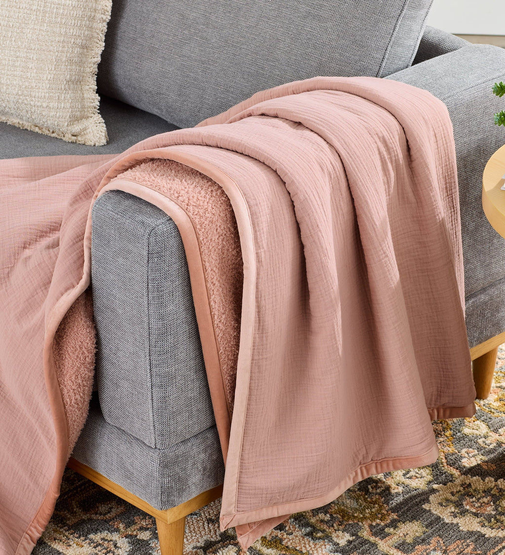 Decorative Knitted Gauze Reverse to Cozy Knit Super Soft Throw Blanket, Oversized, Antique Blush - Luxury Knitted Decorative Throw Blanket with Fringes - Default Title