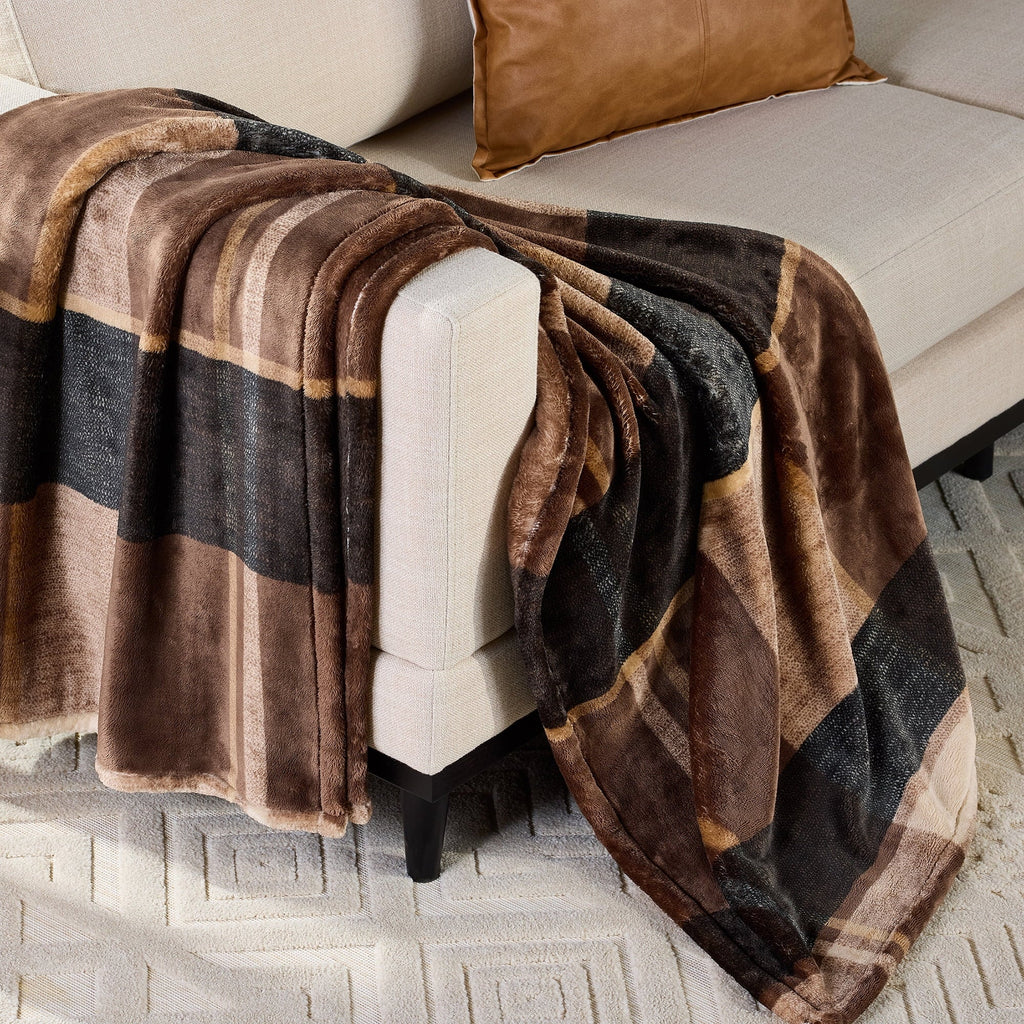 Cozy Fleece Printed Velvet Plush Super Soft Throw Blanket, Oversized, Shelton Brown Plaid - Super Soft Reversible Sherpa Flannel Blanket - Default Title