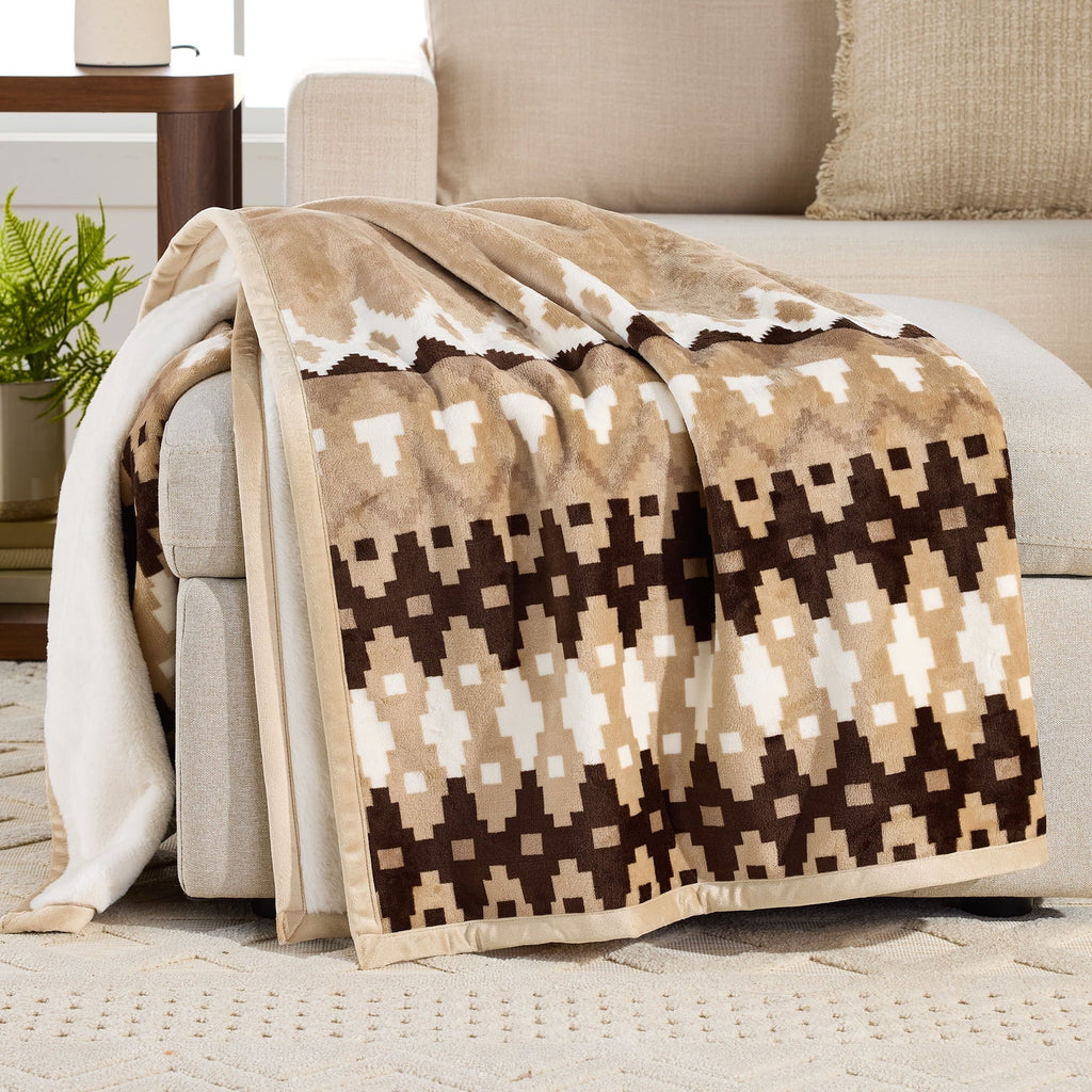 Reversible Sherpa Printed Velvet Plush Reverse to Faux Fur Super Soft Throw Blanket, Oversized, Linder Border Beige - Cozy Fleece Throw Blanket for Couch & Bed - Default Title