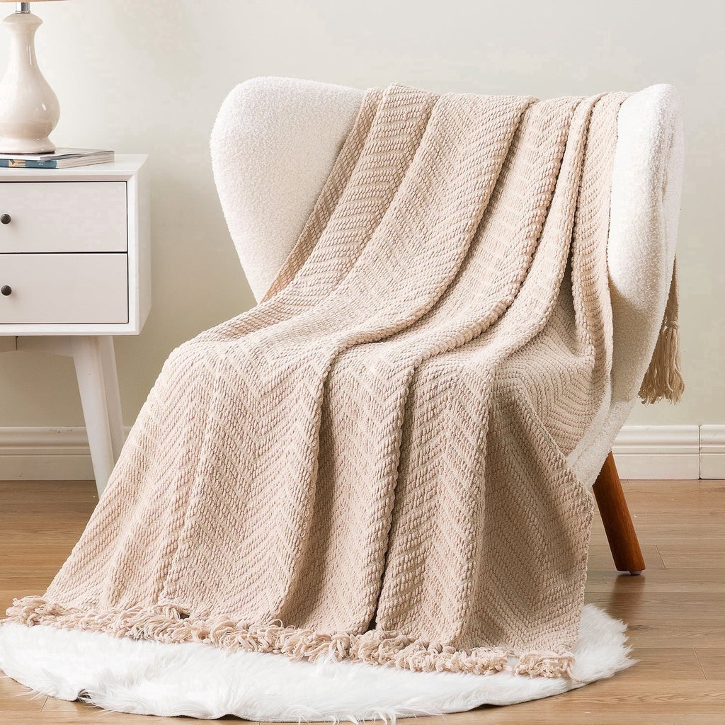 Reversible Sherpa Beige Throw Blanket,Textured Knitted Tan Throws with Tassels,Neutral Sofa Bed Throws,50"x60" - Lightweight Plush Warm Blanket for All Seasons - Default Title