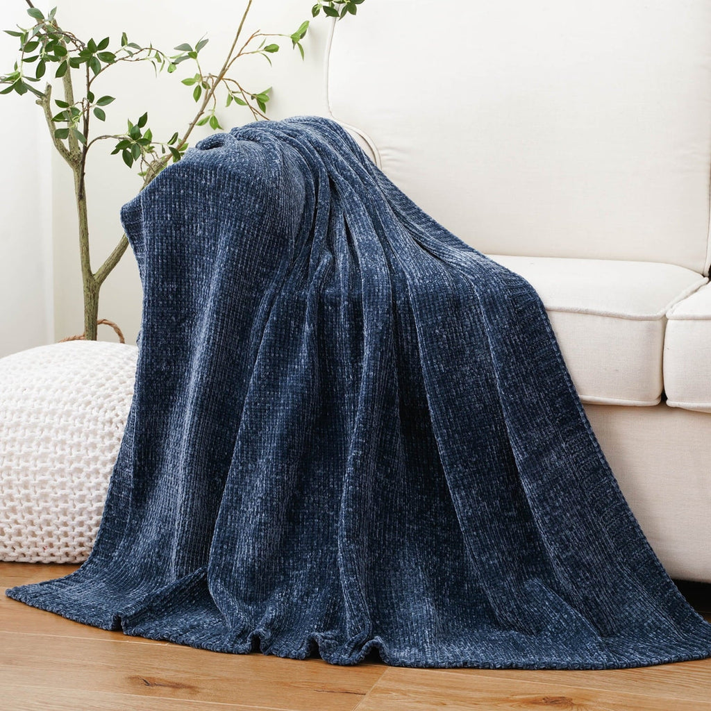 Decorative Knitted Navy Blue Chenille Throw for Couch Bed,Soft Navy Knit Blanket, Housewarming Gifts, 51"x 67" - Cozy Fleece Throw Blanket for Couch & Bed - Default Title