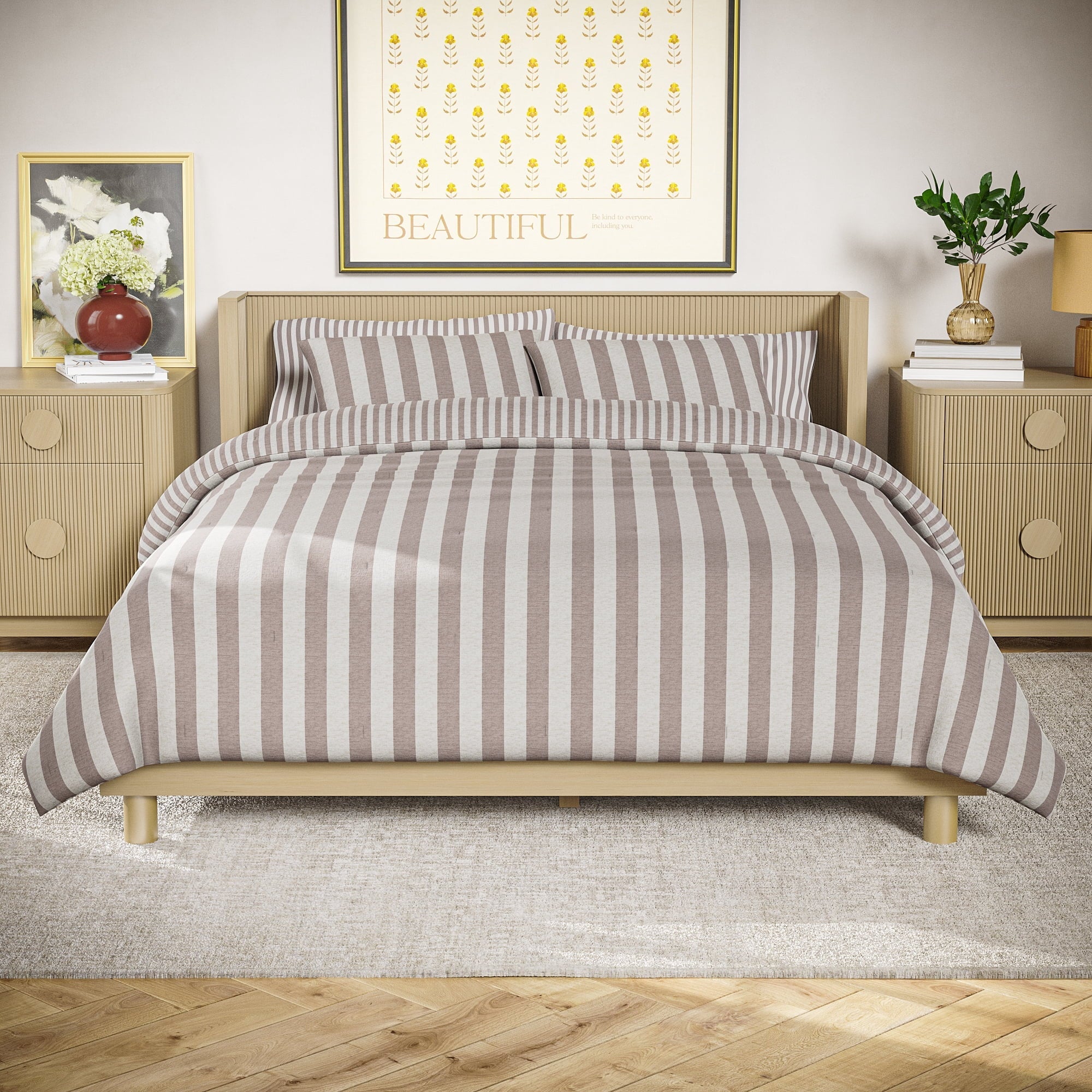 Luxurious Quilted 100% Cotton Striped 3-Piece Natural Comforter Set, Full/Queen - Hypoallergenic Ultra-Fluffy Quilt for Winter - Default Title
