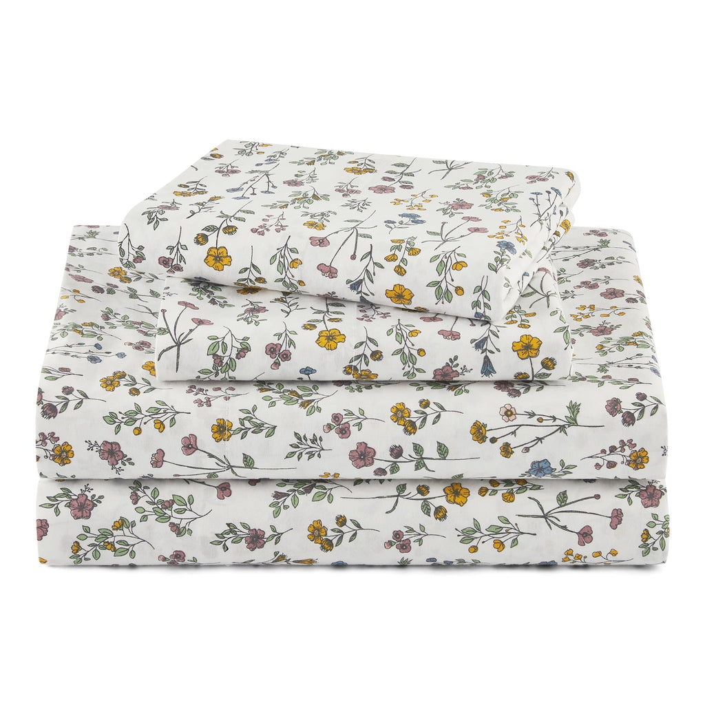 Ultra-Soft Botanical 4-Piece 100% Cotton Washed Percale White Sheet Set, Queen - Premium Ultra-Soft Pillowcase Pair for Sleeping - Default Title