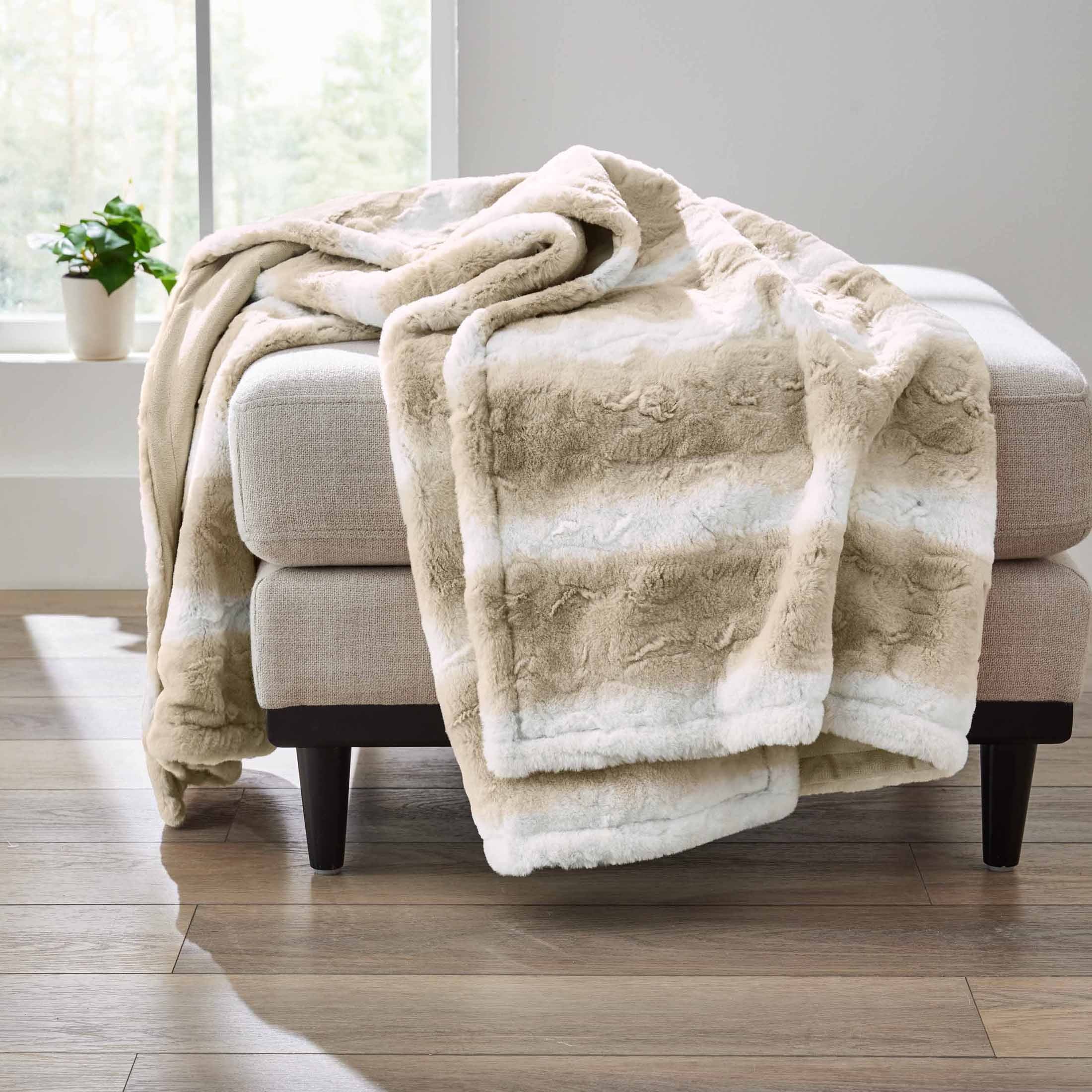 Cozy Fleece Almond Biscuit Ombre Faux Fur Throw, 50"x72" - Luxury Knitted Decorative Throw Blanket with Fringes - Default Title