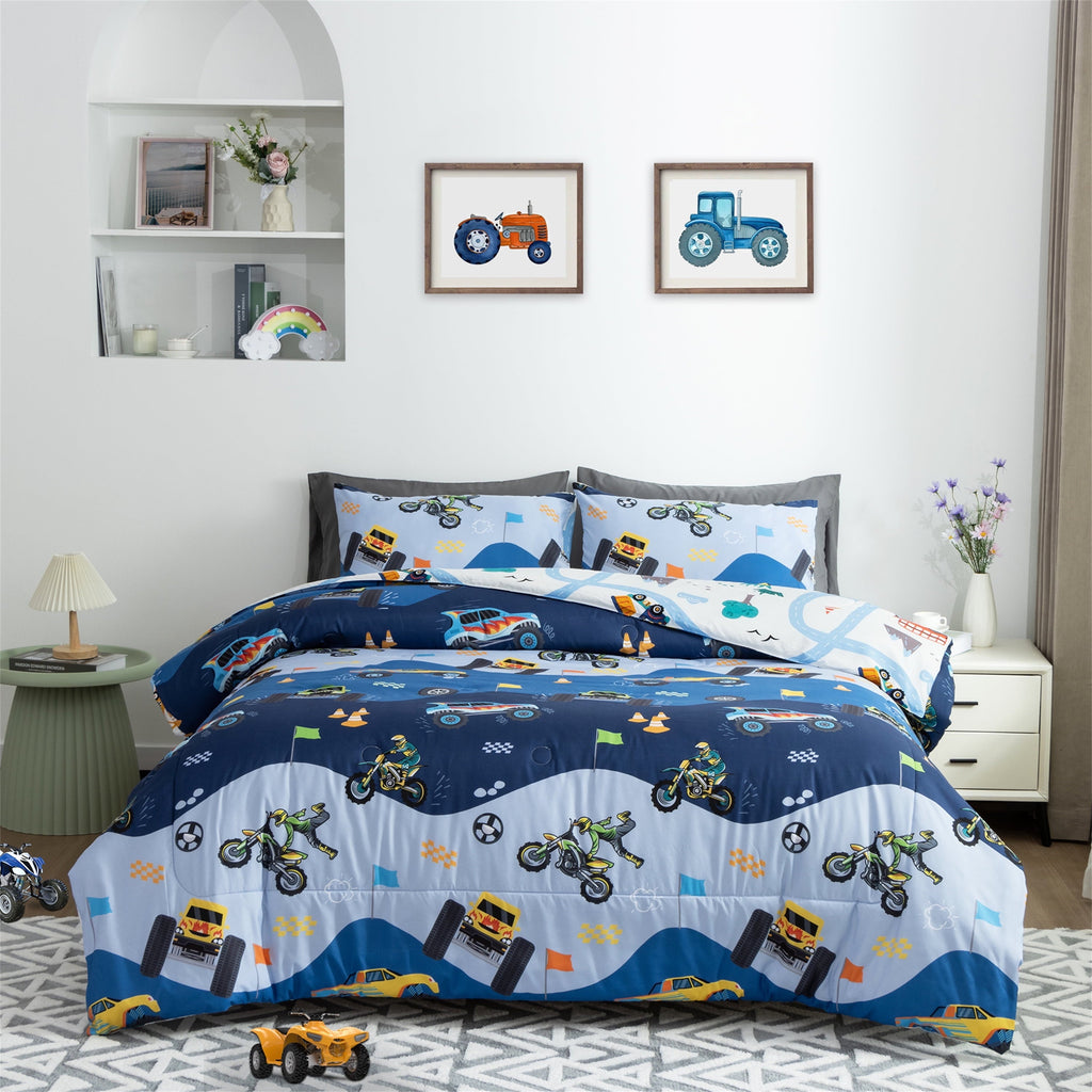 All-Season 3Pcs Reversible Construction Truck Twin Comforter Set for Boys Kids Excavator Vehicle Motorcycle Bedding Set Blue - All-Season Down Alternative Comforter Insert - Default Title