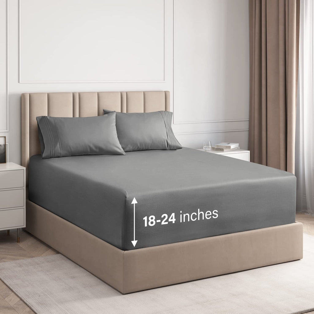 Wrinkle-Resistant 4-Piece Extra Deep Pocket Sheet Set - Full Size Breathable & Cooling Bed Sheets Fits 18"-24" Mattresses, Gray - Premium Ultra-Soft Pillowcase Pair for Sleeping - Default Title
