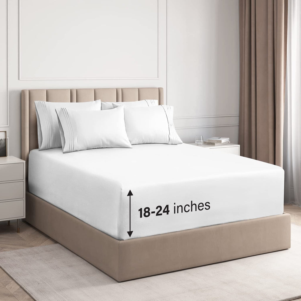 Wrinkle-Resistant 6-Piece Extra Deep Pocket Sheet Set With Extra Matching Pillowcases - King Size Bed Sheets Fits 18"-24" Ma... - Breathable Egyptian Cotton Flat & Fitted Sheets - Default Title