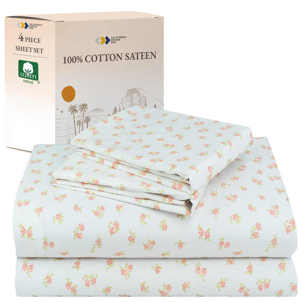 Cooling Sateen 4 Piece Printed Floral Bed Sheets Queen Size Set - 100% Cotton Sheets Queen, Soft Sateen Bedsheets, Deep Pocket Queen... - Breathable Egyptian Cotton Flat & Fitted Sheets - Default Title
