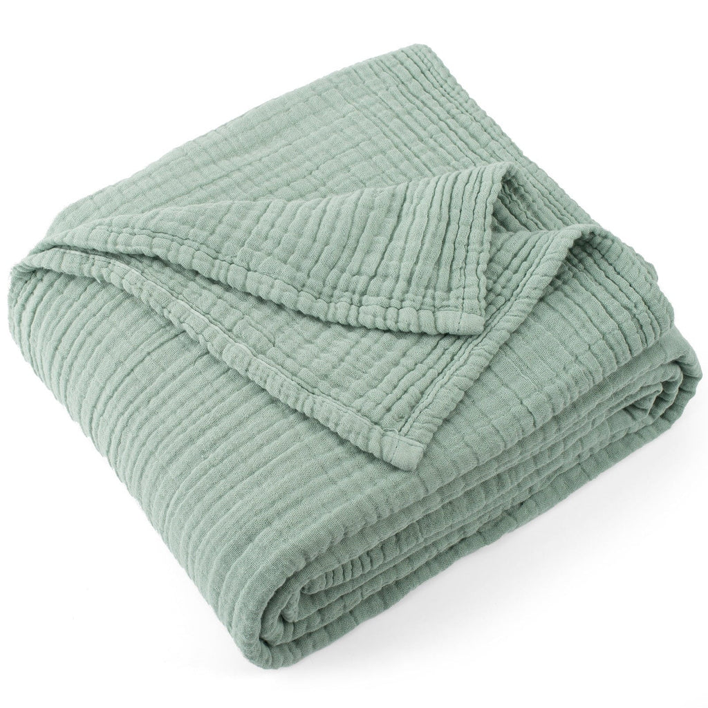 Decorative Knitted 100% Cotton Muslin Throw Blanket Gauze Blankets for Adults Soft Throws for Bed and Couch, 50" x 70" Sage Green - Luxury Knitted Decorative Throw Blanket with Fringes - Default Title