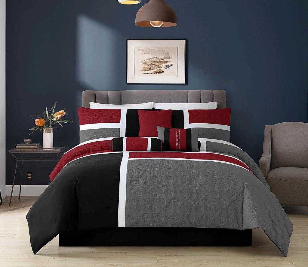 Fluffy Down Alternative 7-Piece Medallion Patchwork Comforter Set, Full, Red/Gray/Black - Cloud-Like Soft Lightweight Bed Comforter - Default Title
