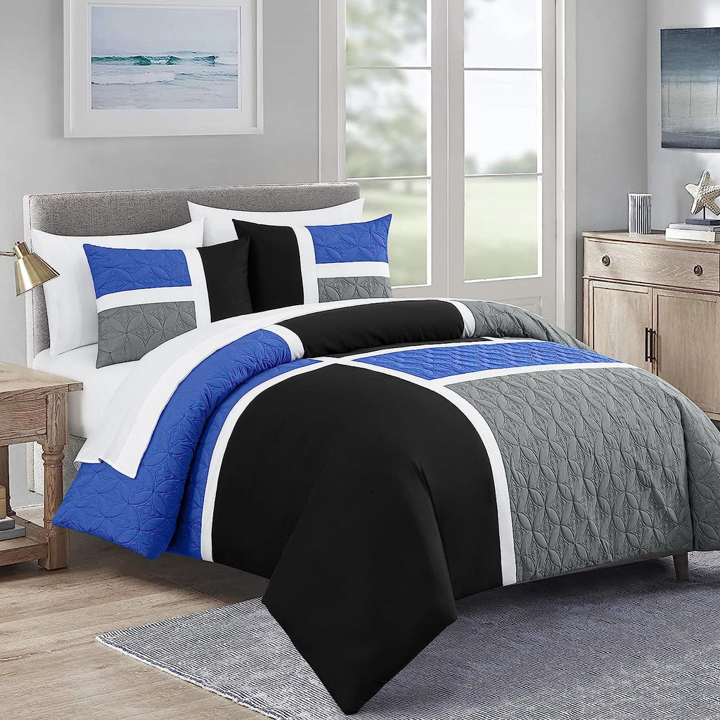 Luxurious Quilted Bernard 7-Piece Full Bed in a Bag Comforter Set with Sheets, Lightweight Comforter Blue Black Gray Patchwork Quilted ... - Hypoallergenic Ultra-Fluffy Quilt for Winter - Default Title