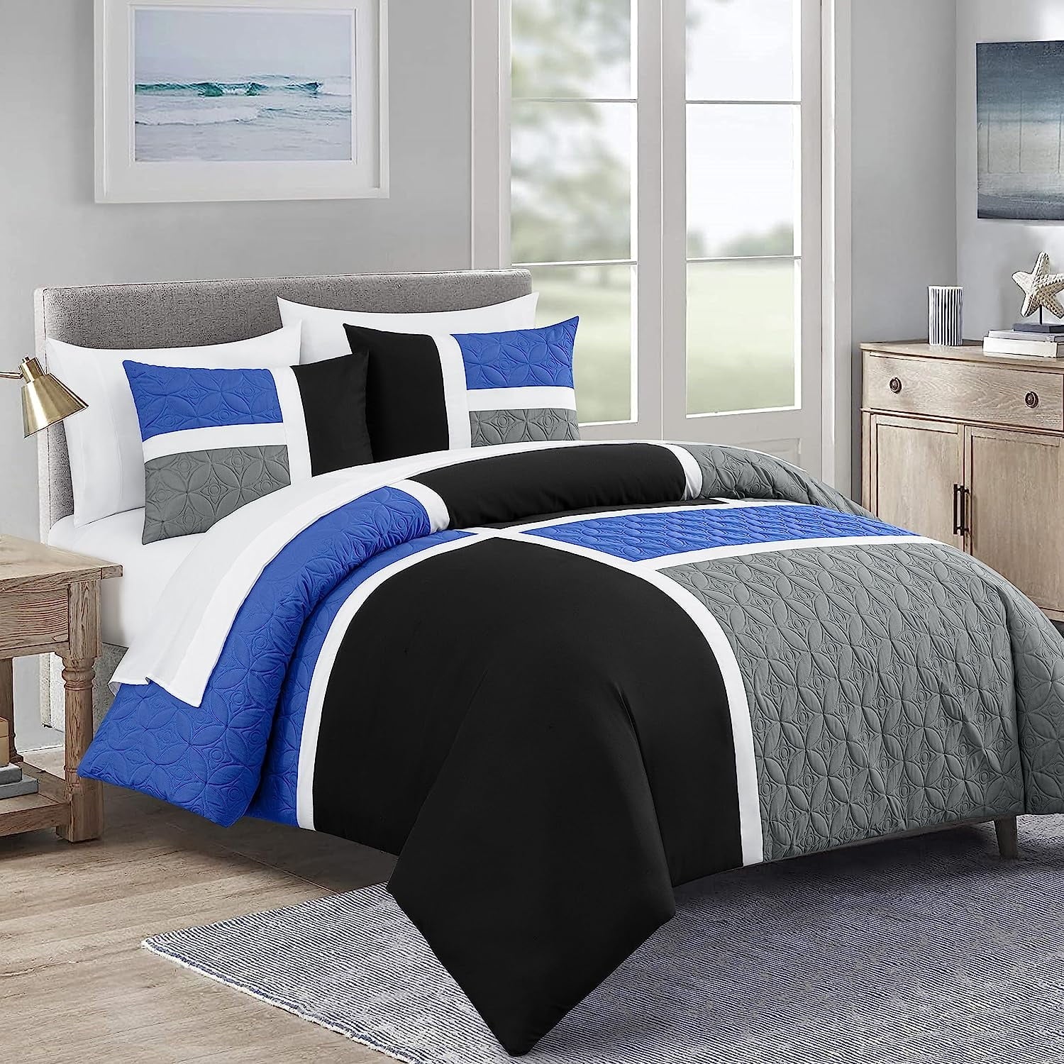 Luxurious Quilted Bernard 7-Piece Full Bed in a Bag Comforter Set with Sheets, Lightweight Comforter Blue Black Gray Patchwork Quilted ... - Hypoallergenic Ultra-Fluffy Quilt for Winter - Default Title