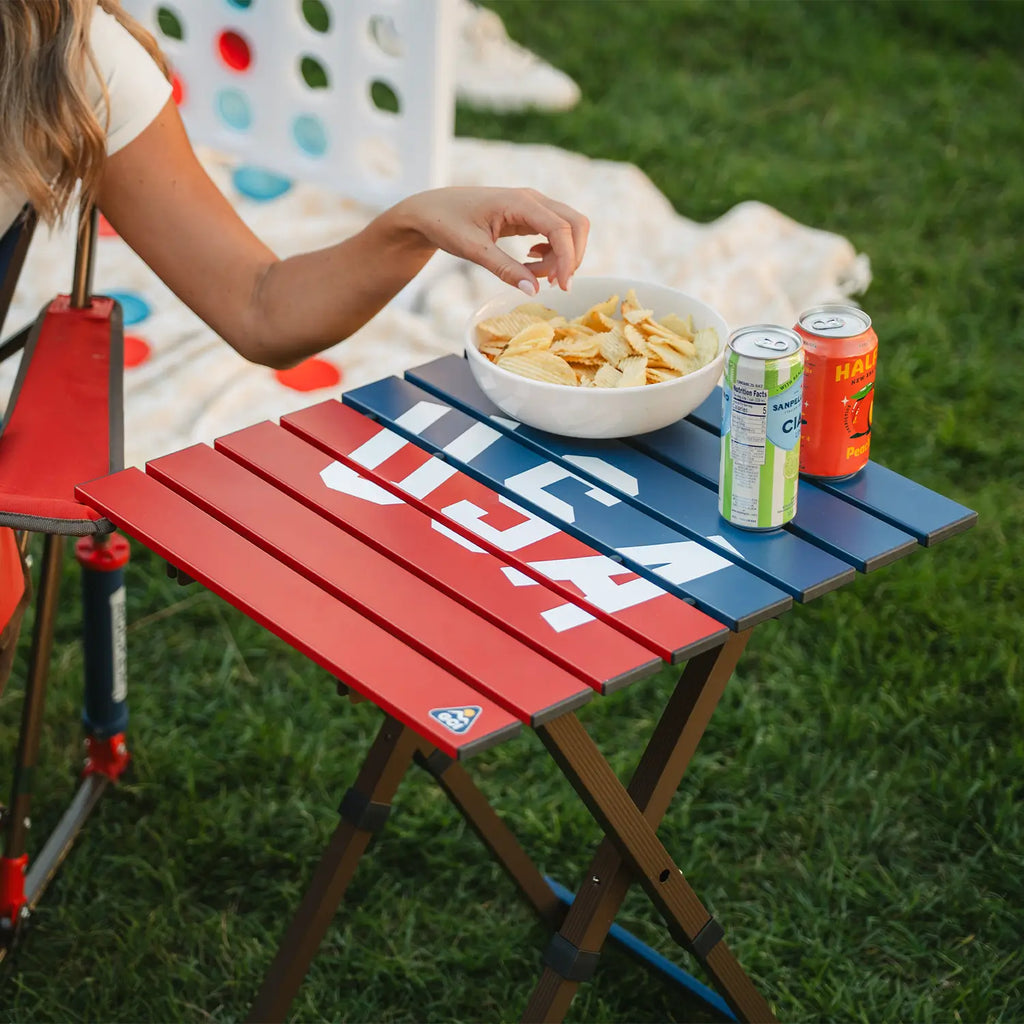 Slim-Fold Compact Camp Table 20 - USA Anniversary Deluxe - Choice 757 - Multi-Functional Heavy-Duty Grilling Table Counter Detail