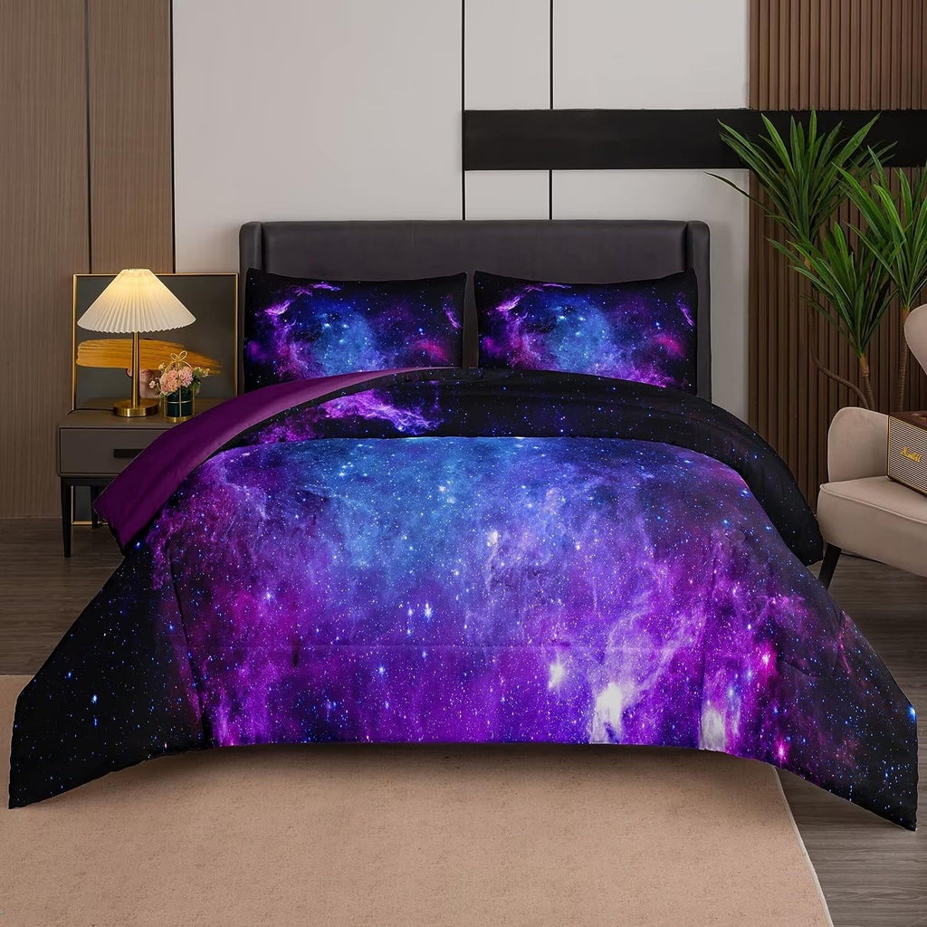 Fluffy Down Alternative Galaxy Comforter Set Outer Space Purple Starry Sky Night Pattern Bedding Set for Girls Boys Kids Teens Twin Size with... - All-Season Down Alternative Comforter Insert - Default Title