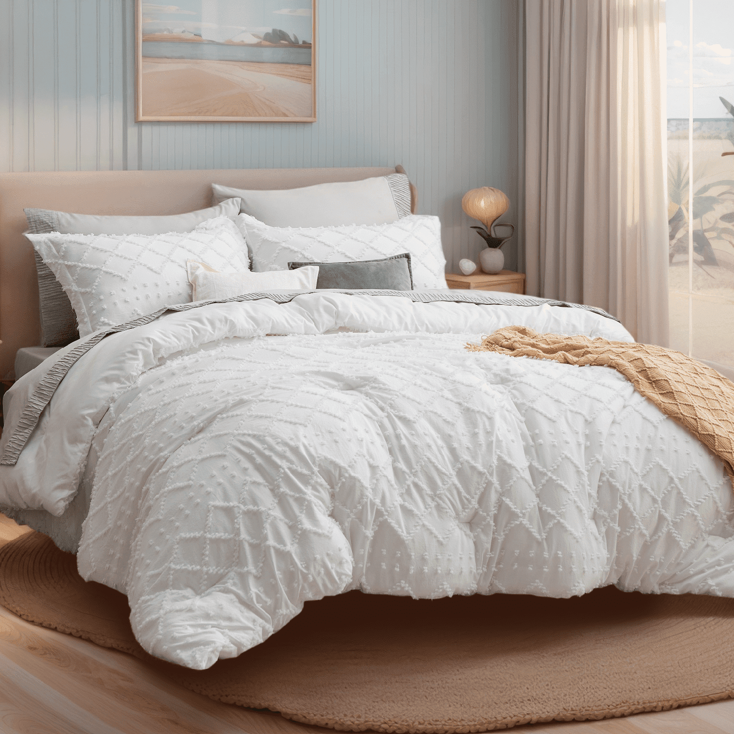 Luxurious Quilted Queen Comforter Set, Boho Tufted Shabby Chic Bedding Comforter Set, 3 Pieces Farmhouse Bed Set for All Seasons, White... - Hypoallergenic Ultra-Fluffy Quilt for Winter - Default Title
