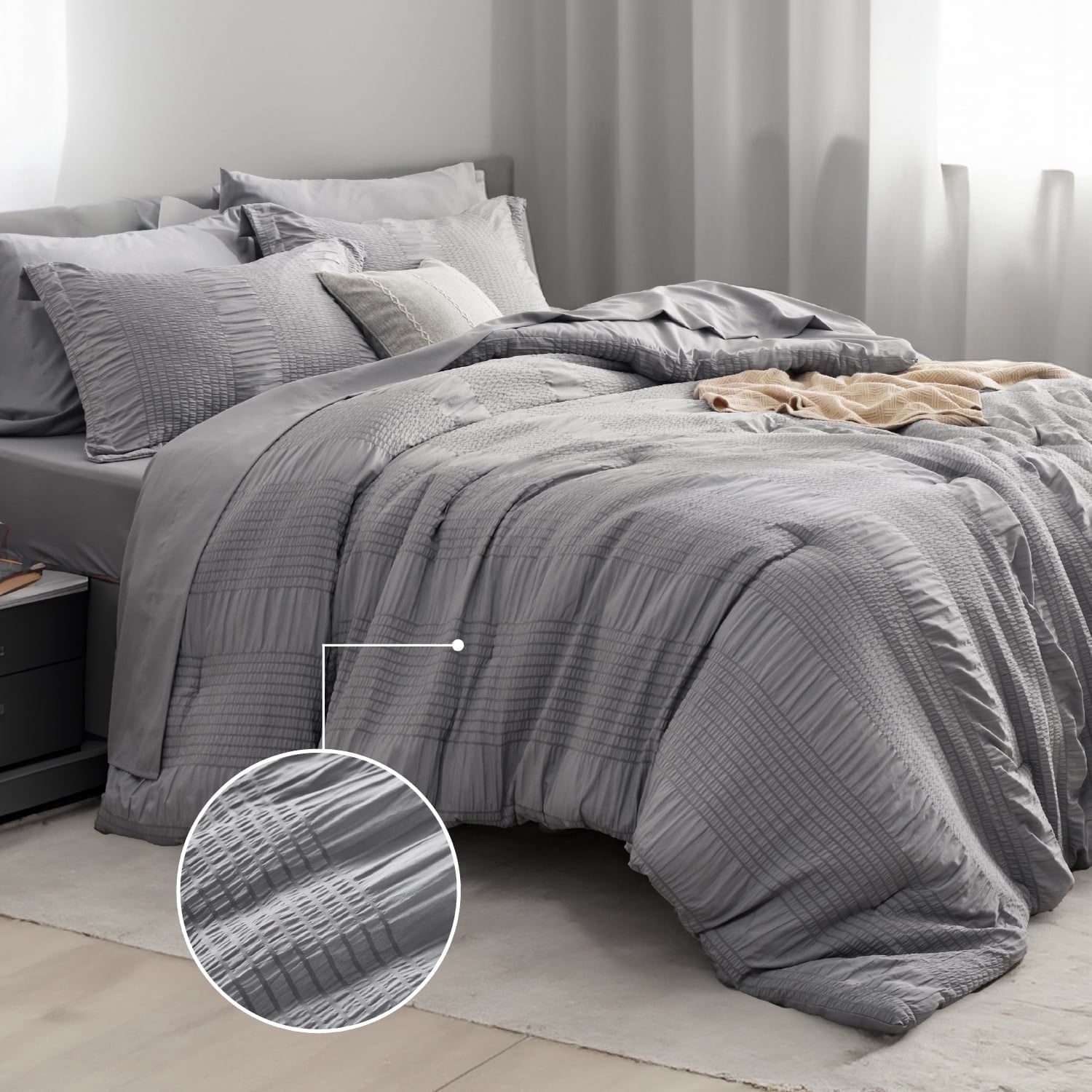 Luxurious Quilted Twin Comforter Sets 5 Pieces Stripes Seersucker Bedding Set, Bed in a Bag with Soft Comforter & Sheets, Pillowcase & ... - All-Season Down Alternative Comforter Insert - Default Title