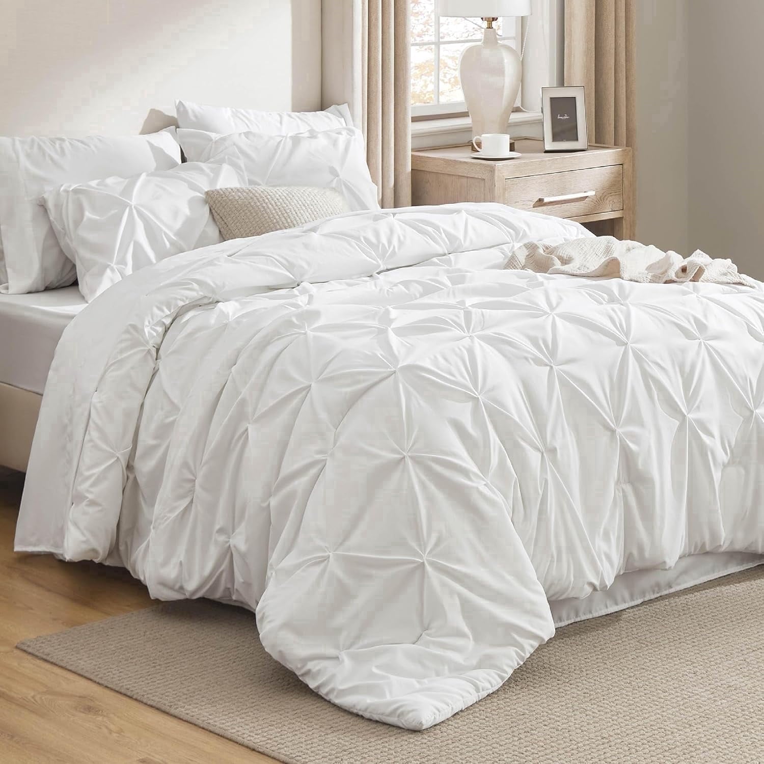 All-Season White Queen Comforter Set- 7 Pieces Pintuck Bedding Set with Comforters, Sheets, Pillowcases & Shams - Luxurious Quilted Duvet Cover Set - Default Title