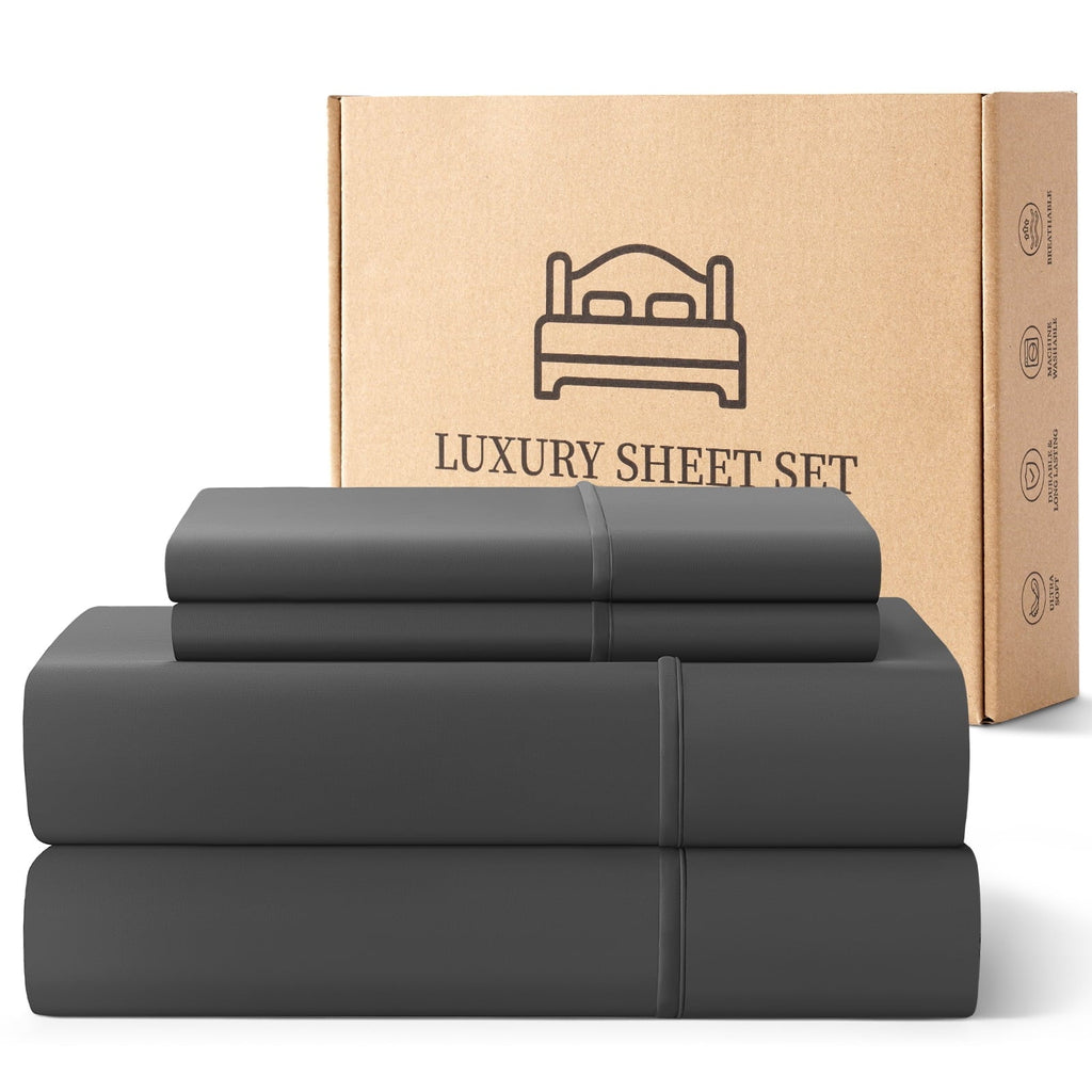 Premium Egyptian Cotton Sheets,Soft Hotel Luxury Polyester Washed Cotton,4 Piece Sheets Set,with 14" Deep Pocket,Dark Gray - Premium Ultra-Soft Pillowcase Pair for Sleeping - Default Title