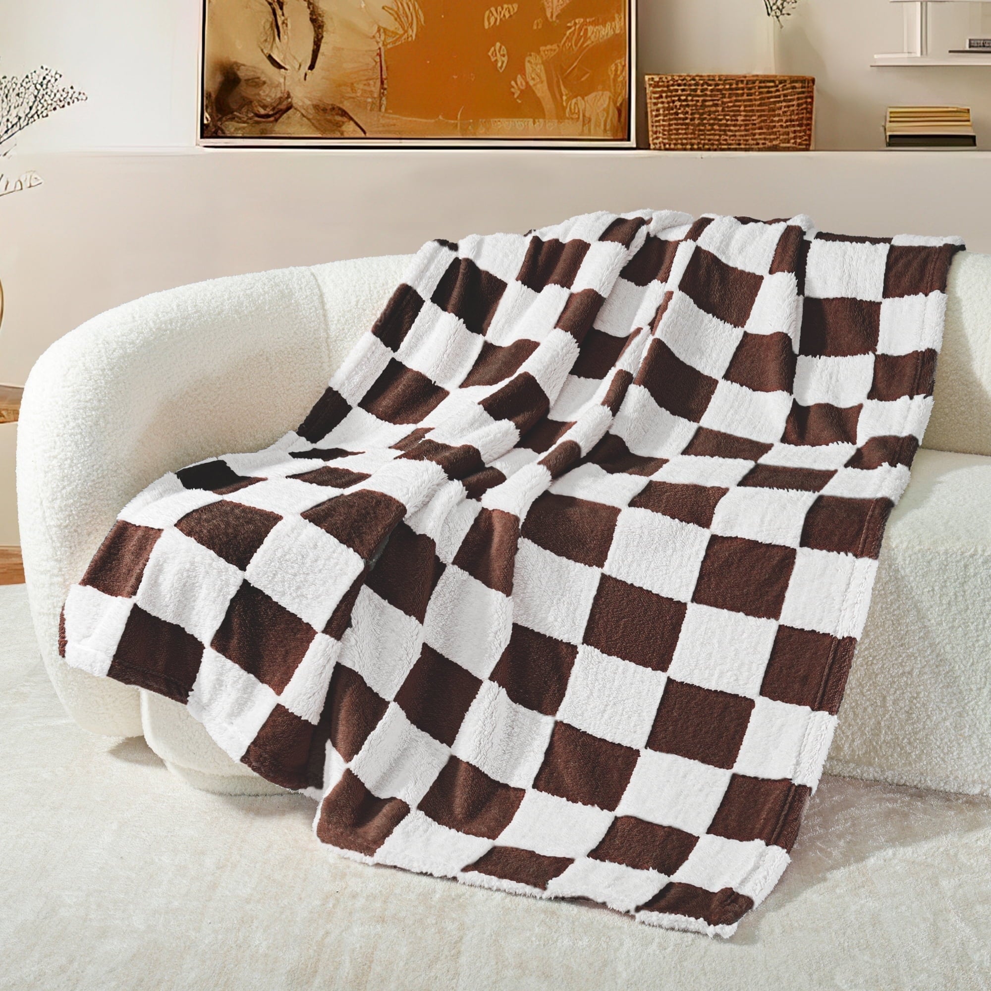 Decorative Knitted Checkered Throw Blanket, Super Soft and Warm Fluffy Fleece Blanket for Couch, Sofa, Bed, Cute Plaid Pattern, Coffee, ... - Super Soft Reversible Sherpa Flannel Blanket - Default Title