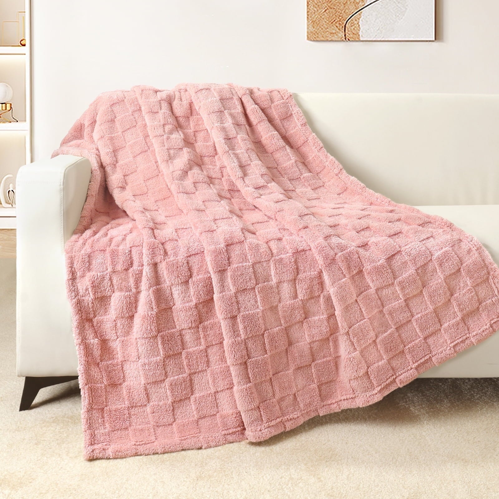 Lightweight Warm Fleece Throw Blanket for Couch, Super Soft Warm Lightweight Checkered Pattern Blanket for All Seasons, Pink, 50"x60" - Cozy Fleece Throw Blanket for Couch & Bed - Default Title