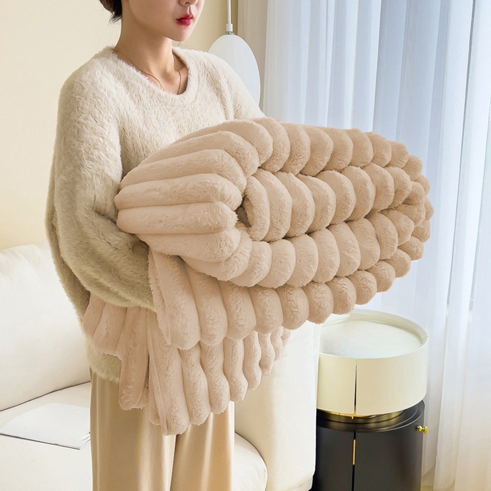 Super Soft Flannel Extra Large Throw Blanket for Couch Home Office Hotel 100% Cotton Super Soft Blanket for Adult 47"x70" Khaki - Luxury Knitted Decorative Throw Blanket with Fringes - Default Title