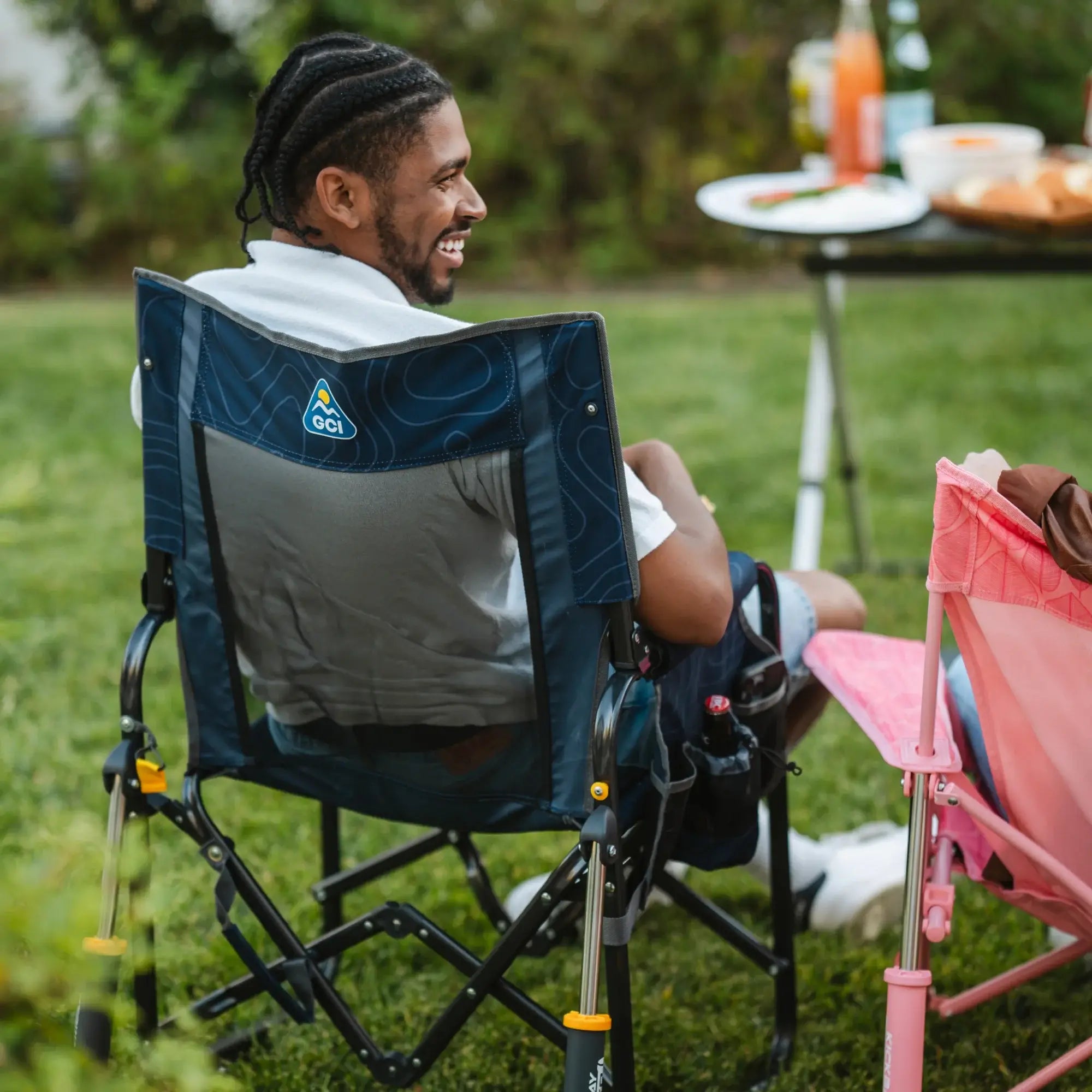 Luxury Camp Stowaway Rocker - Choice 794 - Heavy-Duty Kickback Rocker with Beverage Holder Detail