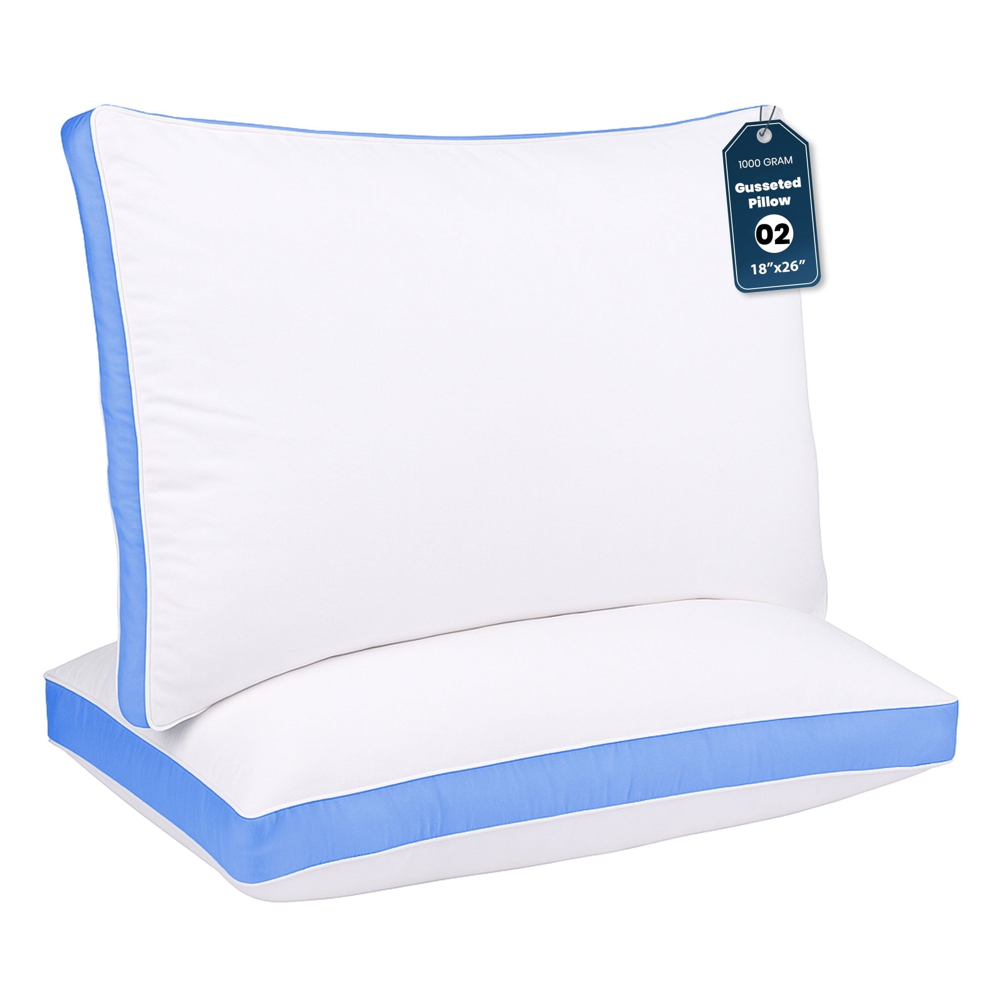 Fluffy Shredded Gusseted Queen 18x26 Bed Pillows for Sleeping Set of 2 Polycotton White Blue Stripe Comfortable - Ergonomic Memory Foam Pillow for Neck Pain Support - Default Title