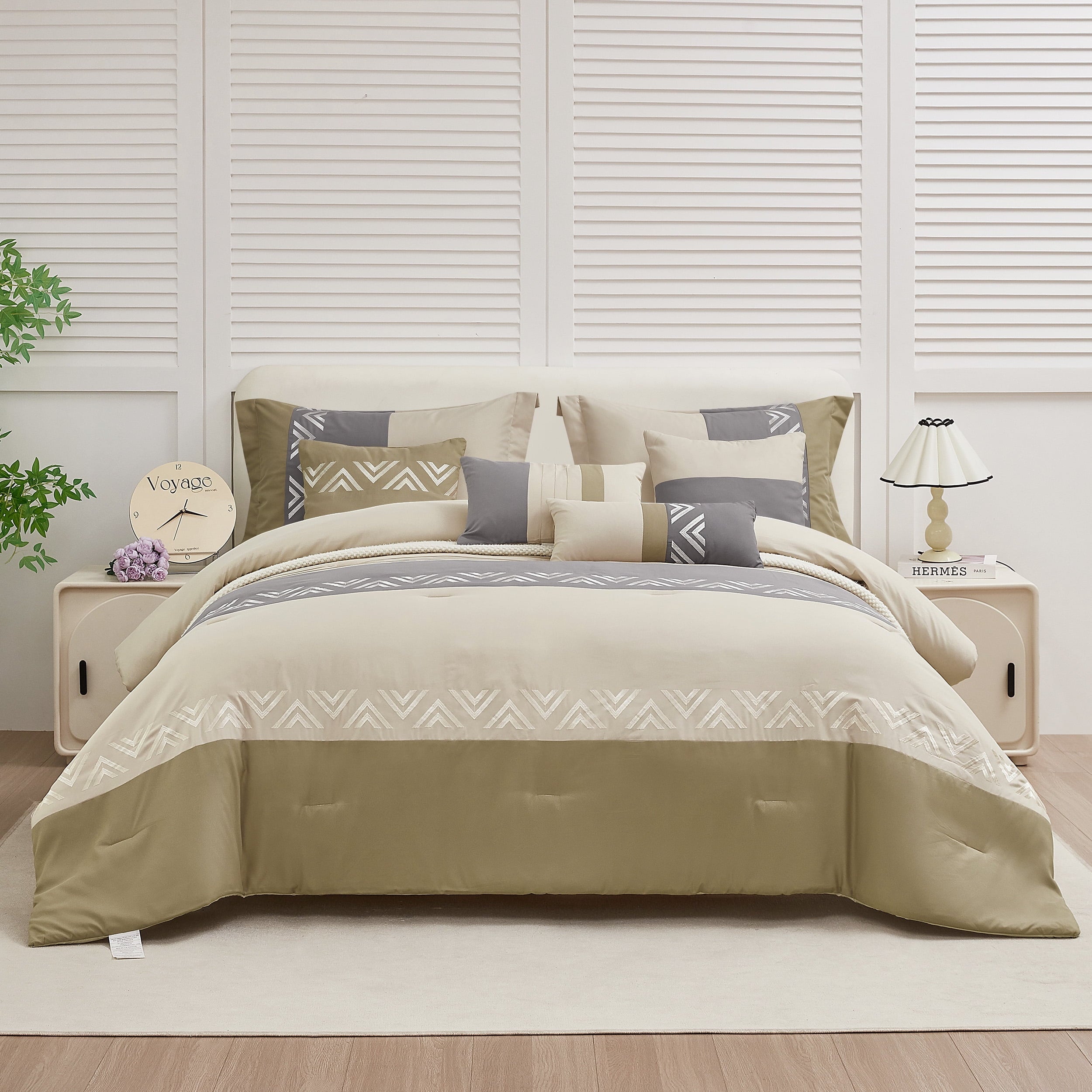All-Season 7 Piece Embroidery Design Bed-in-a-Bag, Taupe Queen Size Ultra Soft Comforter Set for Adults - Luxurious Quilted Duvet Cover Set - Default Title