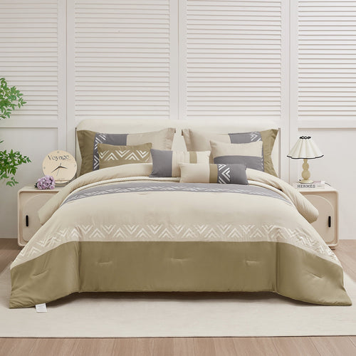 All-Season 7 Piece Embroidery Design Bed-in-a-Bag, Taupe Queen Size Ultra Soft Comforter Set for Adults - Luxurious Quilted Duvet Cover Set - Default Title