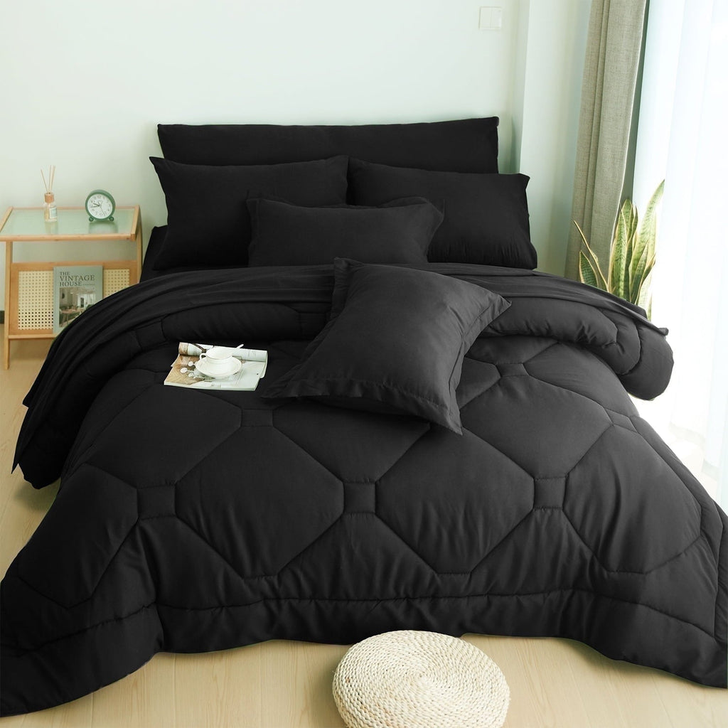 Luxurious Quilted 8 PCS Modern Comforter Set with Sheets All Season Bed in a Bag, Black, Queen Size - Cloud-Like Soft Lightweight Bed Comforter - Default Title