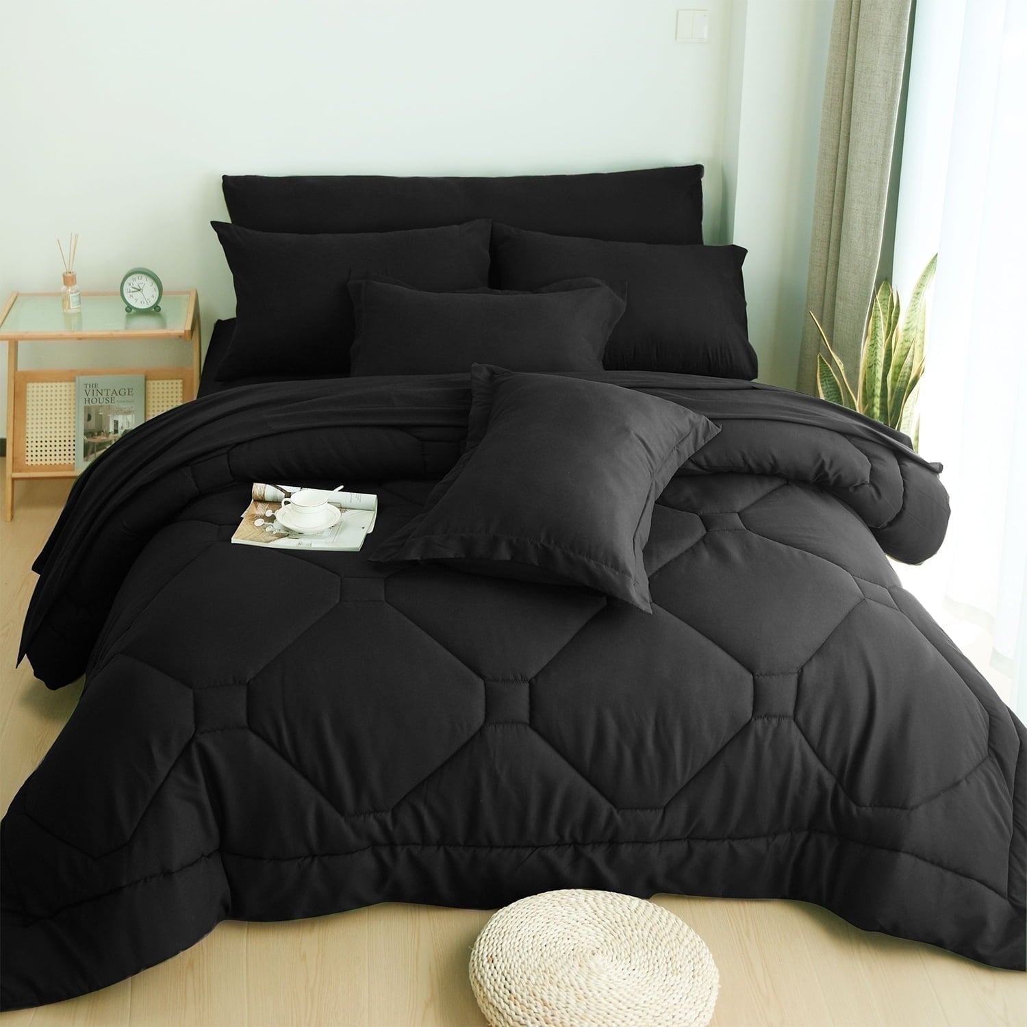 Luxurious Quilted 8 PCS Modern Comforter Set with Sheets All Season Bed in a Bag, Black, Queen Size - Cloud-Like Soft Lightweight Bed Comforter - Default Title